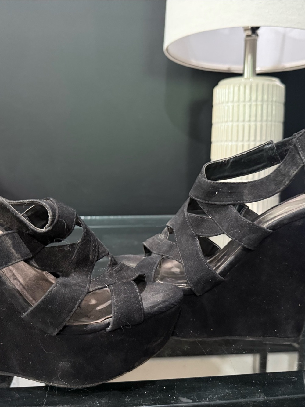 Women's Black Suede Strappy Wedge Sandals